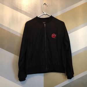 Cute Black Bomber Jacket with Rose Embroidery